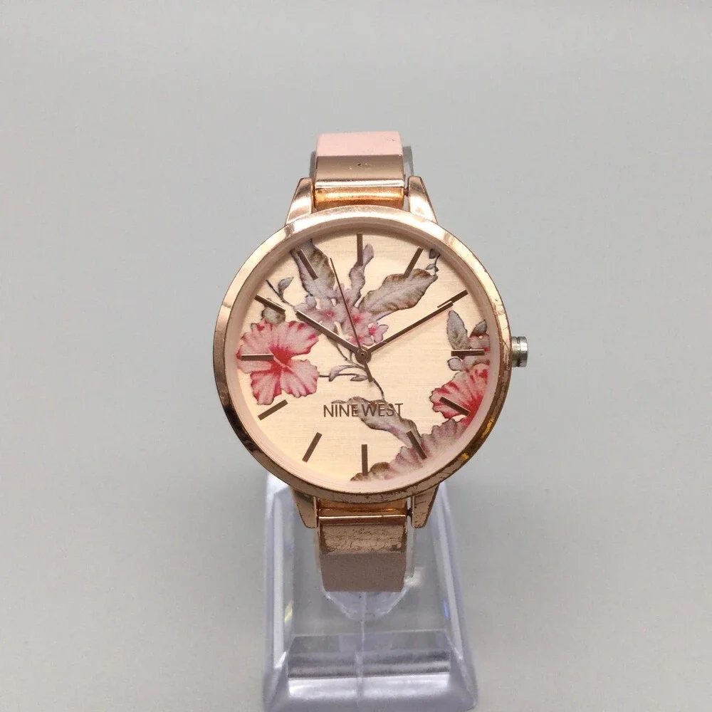 Nine West Womens Watch 38mm Floral Rose Gold Pink Leather NW/2044 New Battery